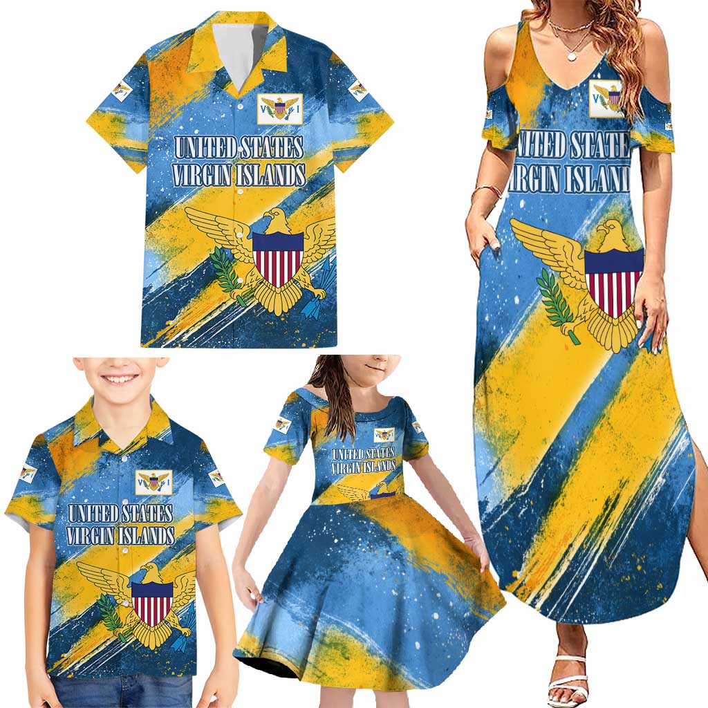 United States Virgin Islands Family Matching Summer Maxi Dress and Hawaiian Shirt with Blue Yellow Eagle Design and Government Seal - Wonder Print Shop