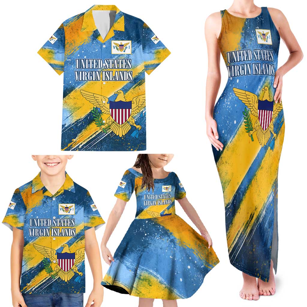 United States Virgin Islands Family Matching Tank Maxi Dress and Hawaiian Shirt with Blue Yellow Eagle Design and Government Seal - Wonder Print Shop