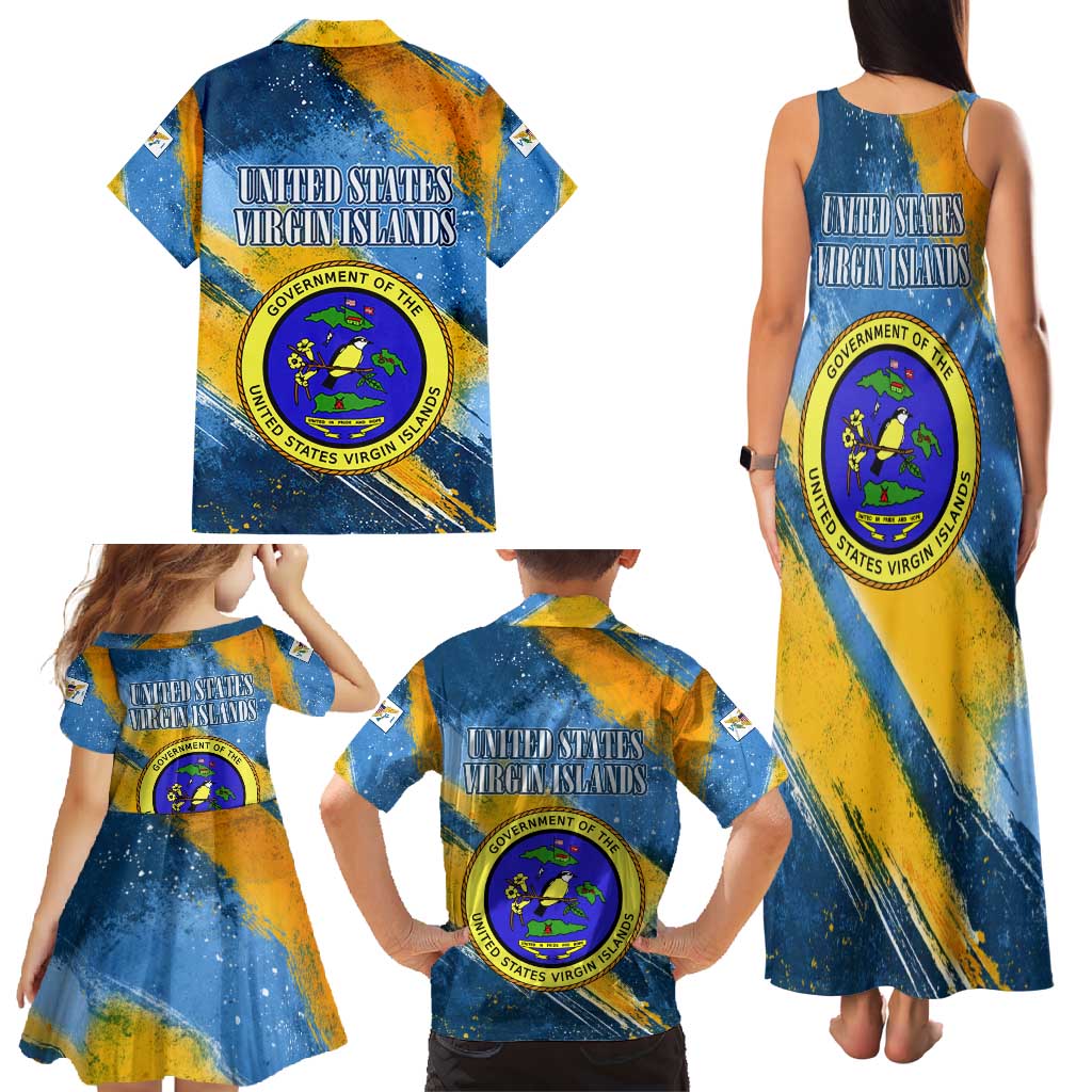 United States Virgin Islands Family Matching Tank Maxi Dress and Hawaiian Shirt with Blue Yellow Eagle Design and Government Seal - Wonder Print Shop