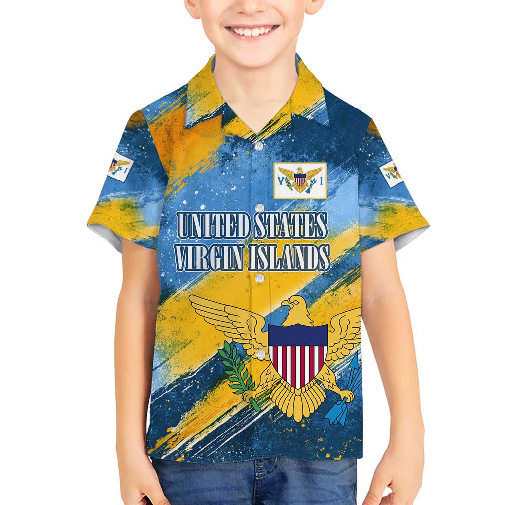 United States Virgin Islands Kid Hawaiian Shirt with Blue Yellow Eagle Design and Government Seal - Wonder Print Shop