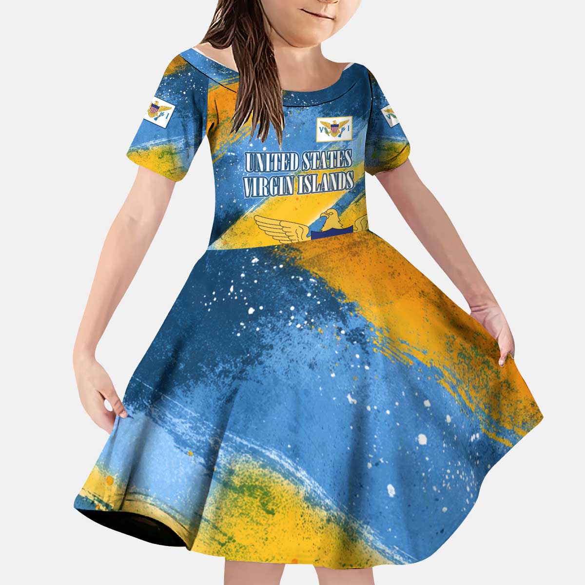 United States Virgin Islands Kid Short Sleeve Dress with Blue Yellow Eagle Design and Government Seal - Wonder Print Shop