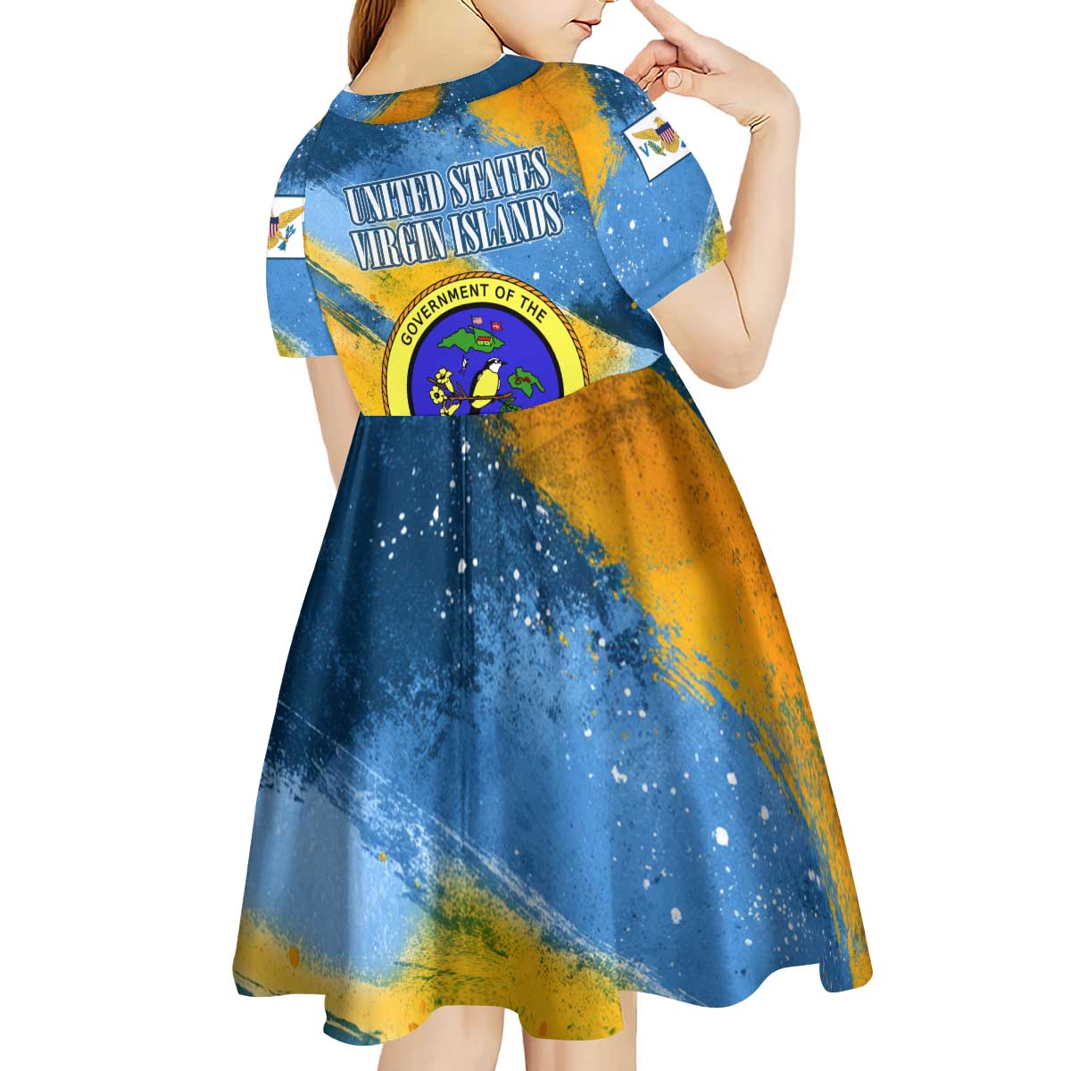 United States Virgin Islands Kid Short Sleeve Dress with Blue Yellow Eagle Design and Government Seal - Wonder Print Shop