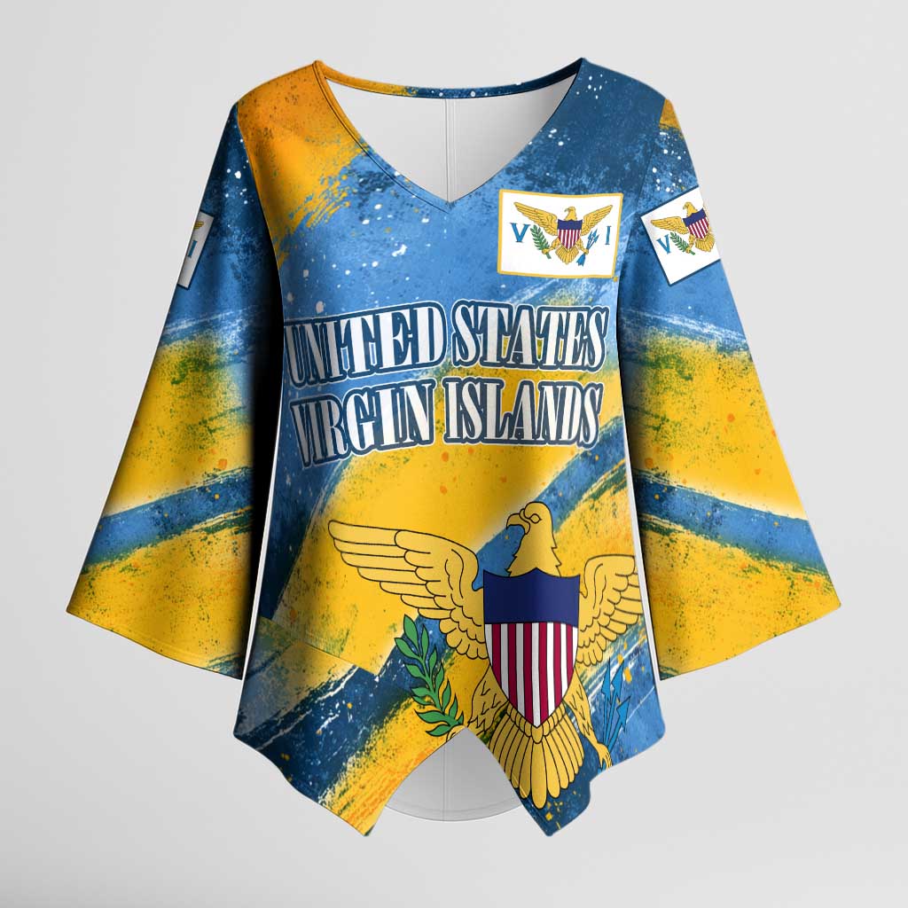 United States Virgin Islands Kimono Sleeve Blouse with Blue Yellow Eagle Design and Government Seal - Wonder Print Shop