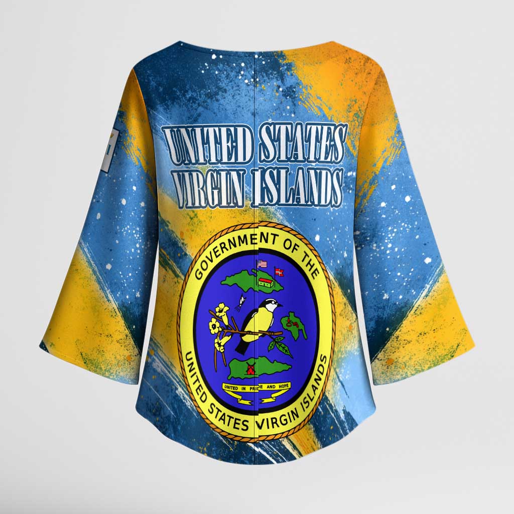 United States Virgin Islands Kimono Sleeve Blouse with Blue Yellow Eagle Design and Government Seal - Wonder Print Shop