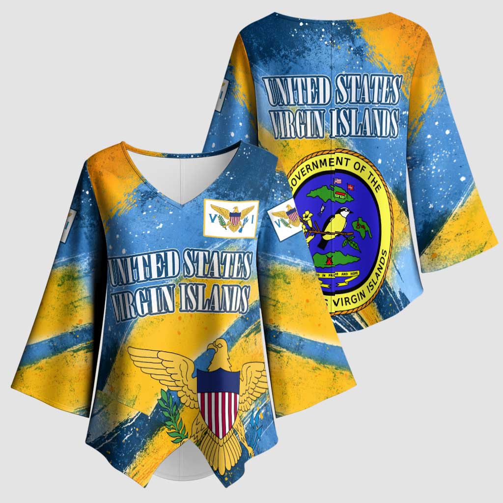 United States Virgin Islands Kimono Sleeve Blouse with Blue Yellow Eagle Design and Government Seal - Wonder Print Shop