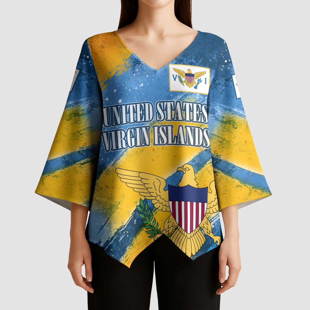 United States Virgin Islands Kimono Sleeve Blouse with Blue Yellow Eagle Design and Government Seal - Wonder Print Shop