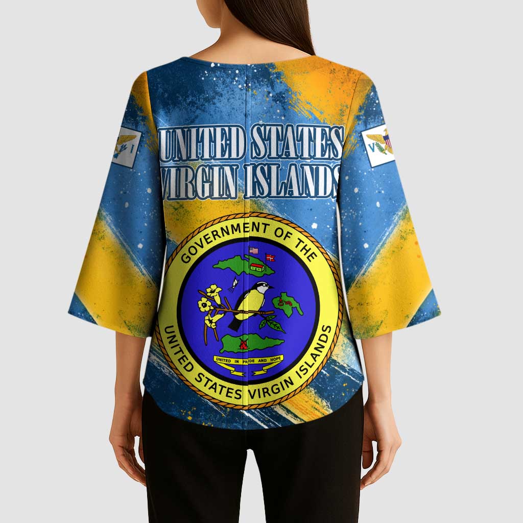 United States Virgin Islands Kimono Sleeve Blouse with Blue Yellow Eagle Design and Government Seal - Wonder Print Shop