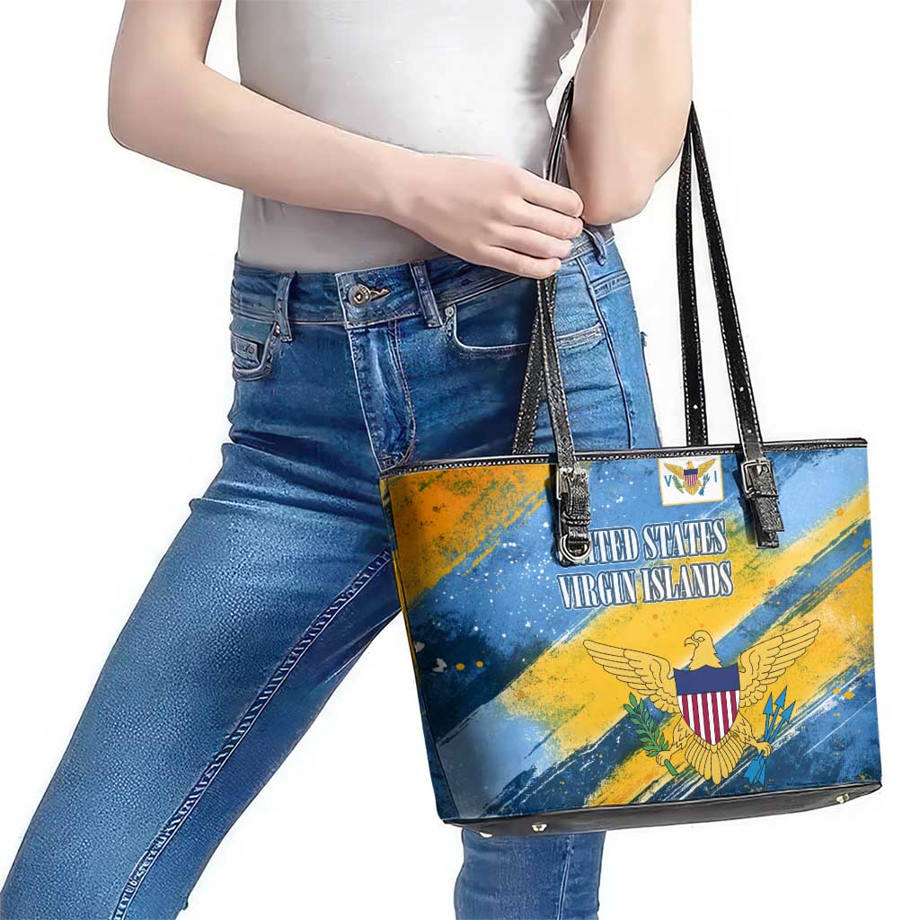 United States Virgin Islands Leather Tote Bag with Blue Yellow Eagle Design and Government Seal - Wonder Print Shop