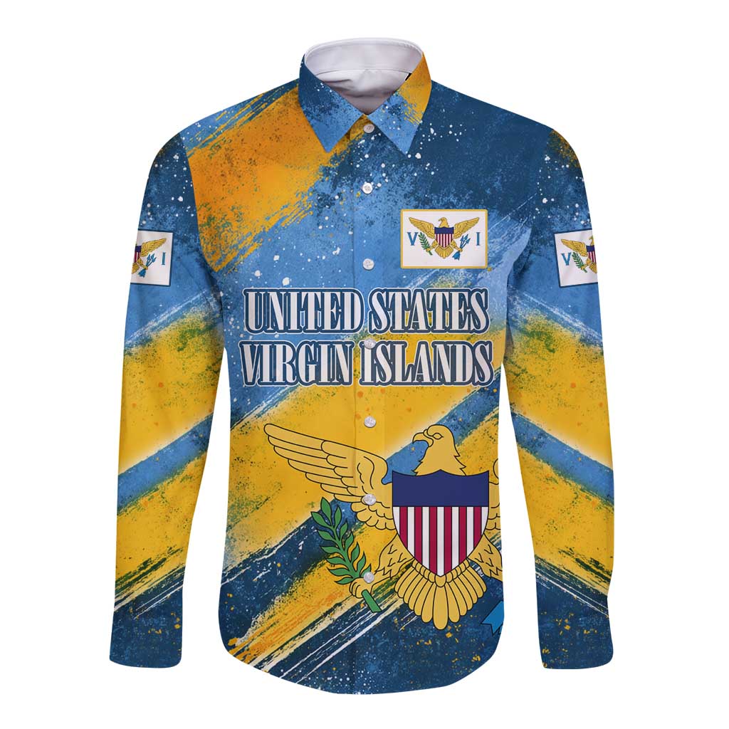 United States Virgin Islands Long Sleeve Button Shirt with Blue Yellow Eagle Design and Government Seal - Wonder Print Shop