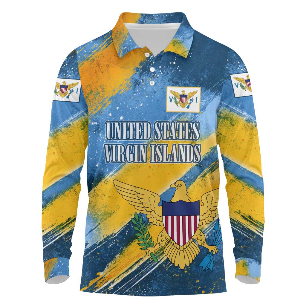 United States Virgin Islands Long Sleeve Polo Shirt with Blue Yellow Eagle Design and Government Seal - Wonder Print Shop