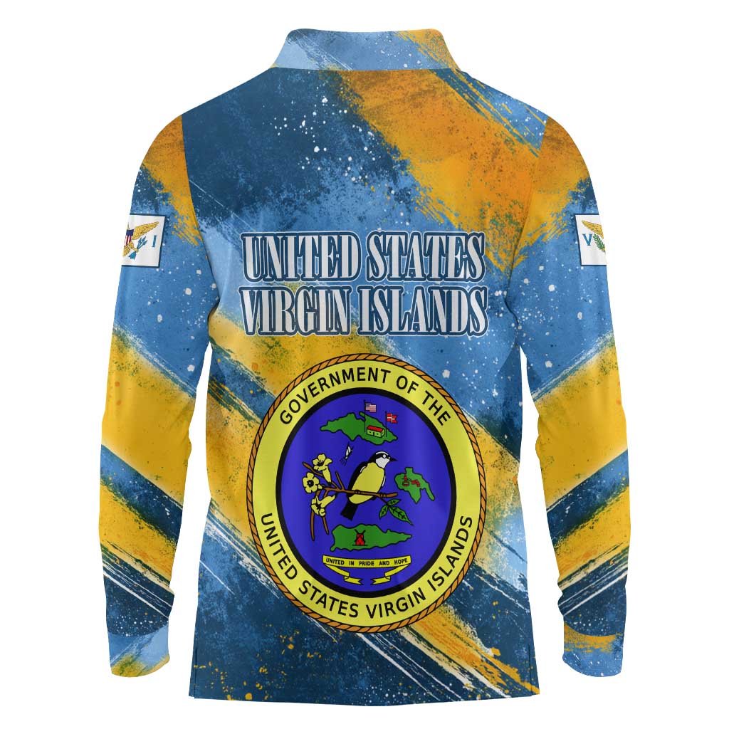 United States Virgin Islands Long Sleeve Polo Shirt with Blue Yellow Eagle Design and Government Seal - Wonder Print Shop