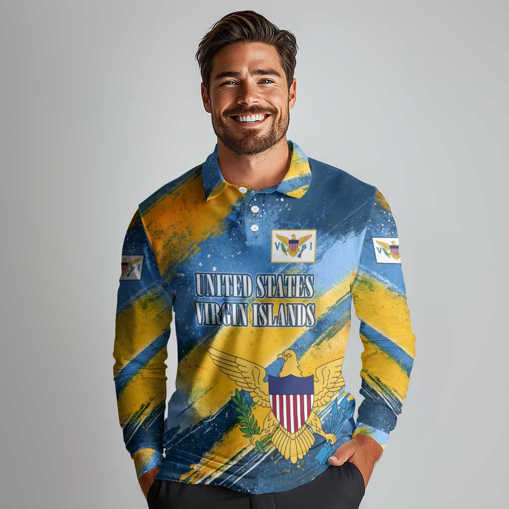 United States Virgin Islands Long Sleeve Polo Shirt with Blue Yellow Eagle Design and Government Seal - Wonder Print Shop
