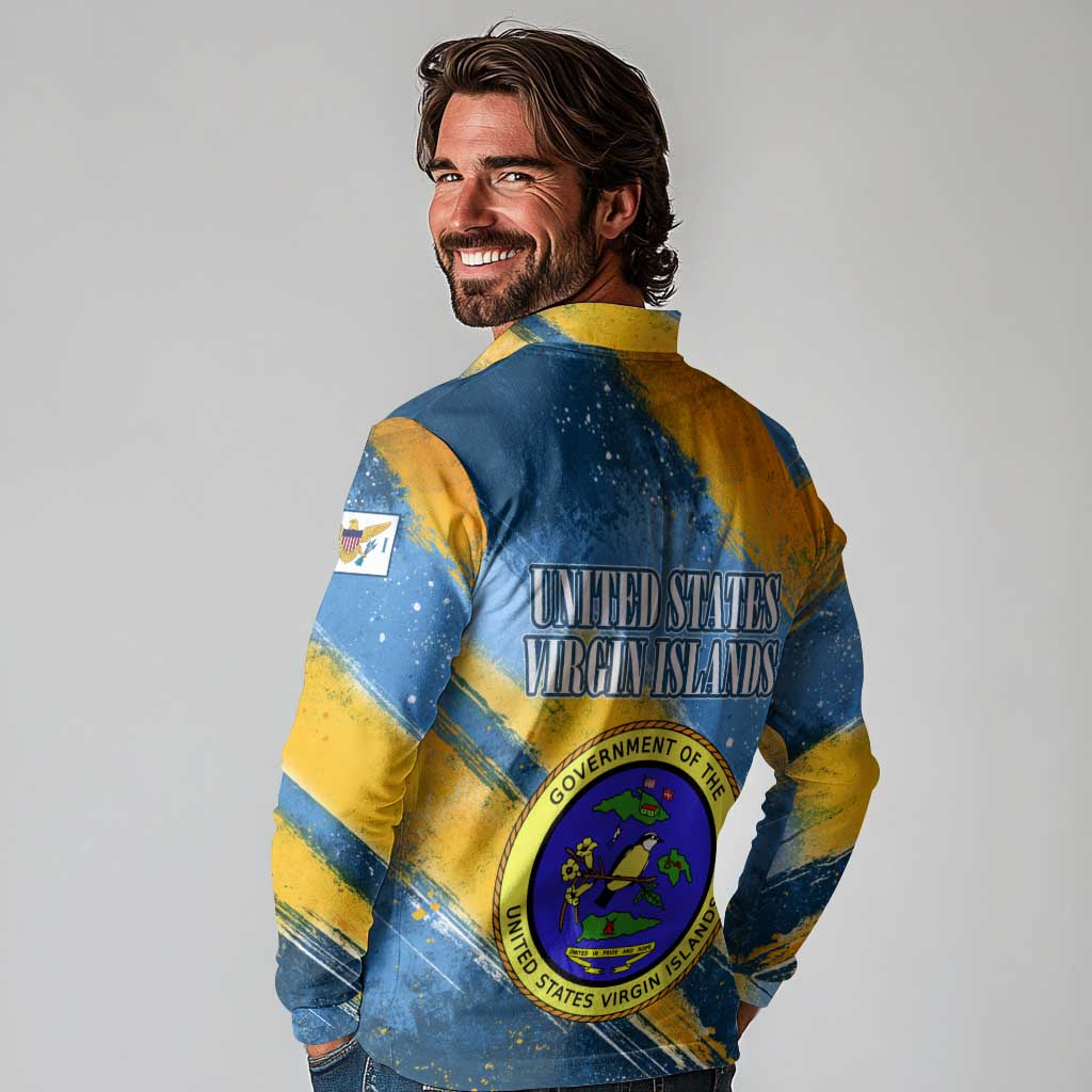 United States Virgin Islands Long Sleeve Polo Shirt with Blue Yellow Eagle Design and Government Seal - Wonder Print Shop