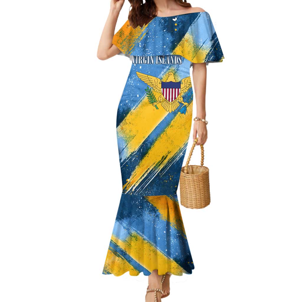 United States Virgin Islands Mermaid Dress with Blue Yellow Eagle Design and Government Seal - Wonder Print Shop