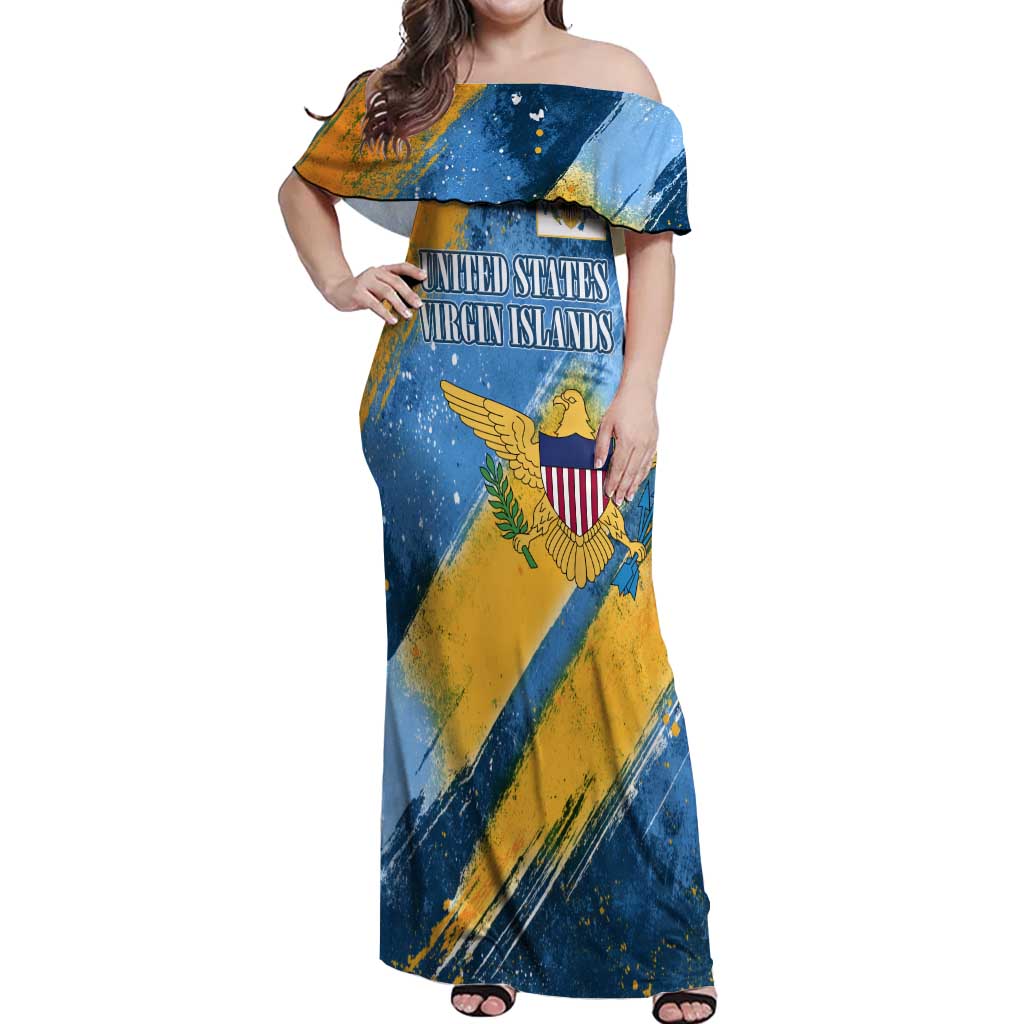 United States Virgin Islands Off Shoulder Maxi Dress with Blue Yellow Eagle Design and Government Seal - Wonder Print Shop