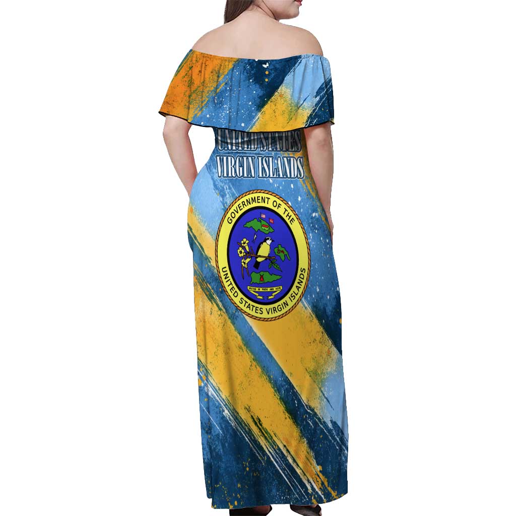 United States Virgin Islands Off Shoulder Maxi Dress with Blue Yellow Eagle Design and Government Seal - Wonder Print Shop