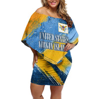 United States Virgin Islands Off Shoulder Short Dress with Blue Yellow Eagle Design and Government Seal - Wonder Print Shop