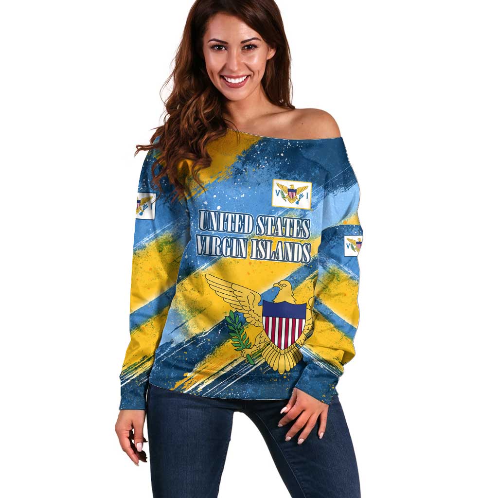 United States Virgin Islands Off Shoulder Sweater with Blue Yellow Eagle Design and Government Seal - Wonder Print Shop