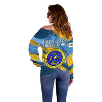 United States Virgin Islands Off Shoulder Sweater with Blue Yellow Eagle Design and Government Seal - Wonder Print Shop