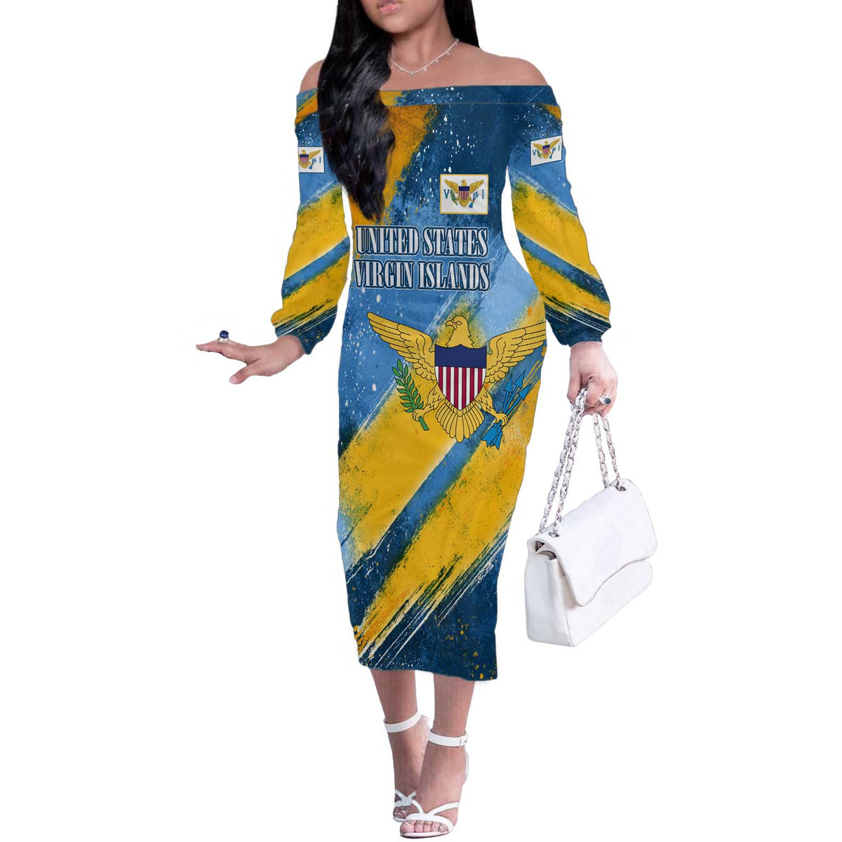 United States Virgin Islands Off The Shoulder Long Sleeve Dress with Blue Yellow Eagle Design and Government Seal - Wonder Print Shop