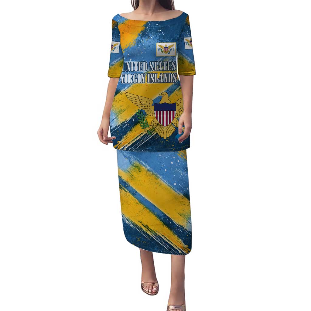 United States Virgin Islands Puletasi with Blue Yellow Eagle Design and Government Seal - Wonder Print Shop