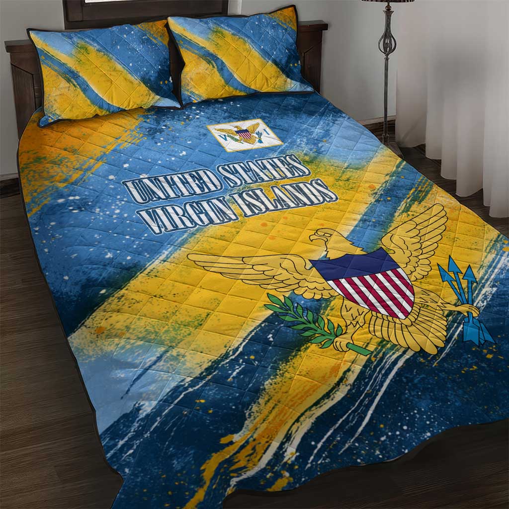 United States Virgin Islands Quilt Bed Set with Blue Yellow Eagle Design and Government Seal - Wonder Print Shop