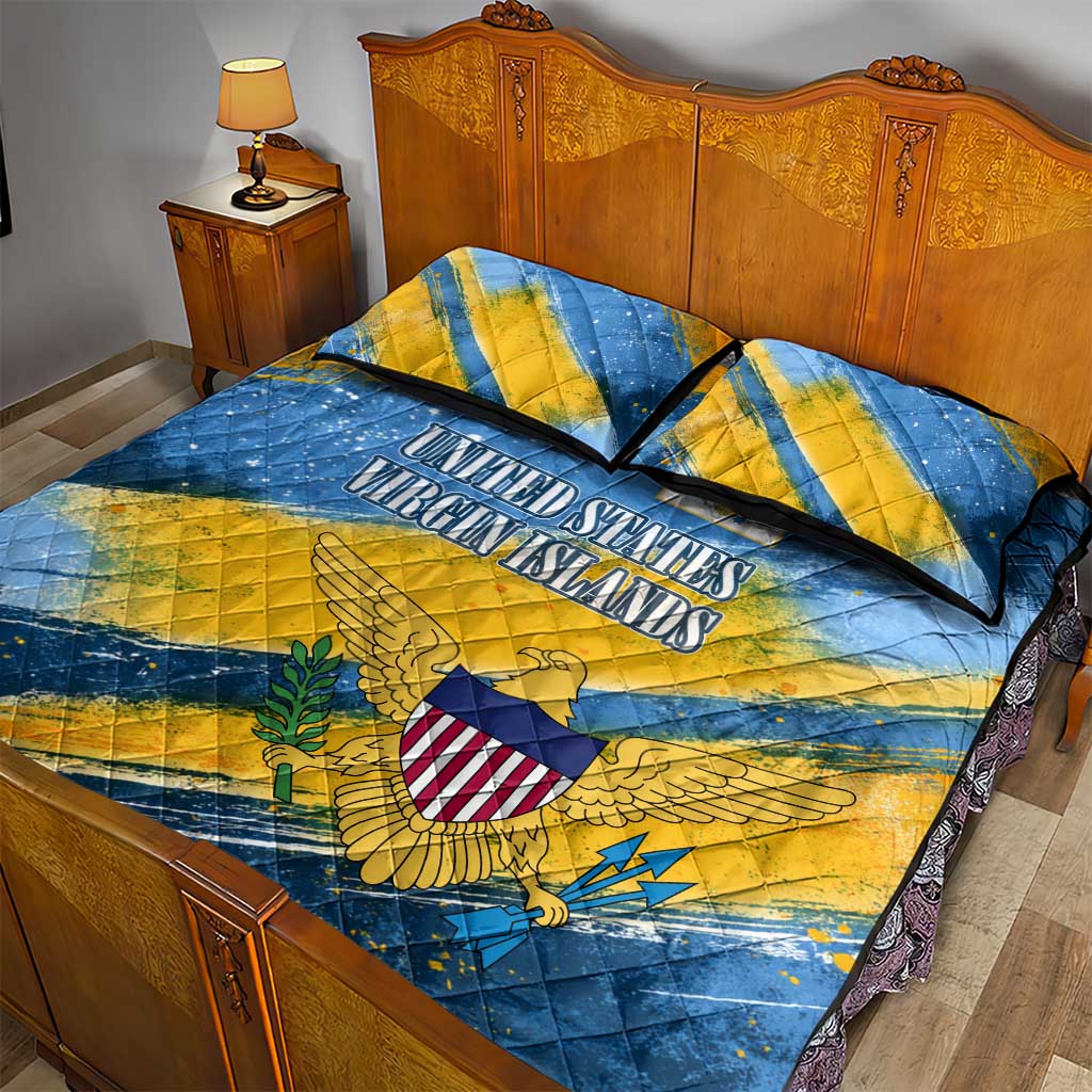 United States Virgin Islands Quilt Bed Set with Blue Yellow Eagle Design and Government Seal - Wonder Print Shop