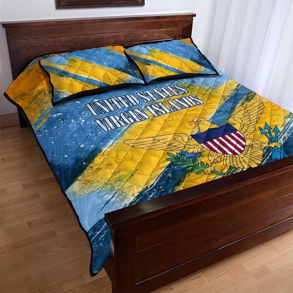 United States Virgin Islands Quilt Bed Set with Blue Yellow Eagle Design and Government Seal - Wonder Print Shop