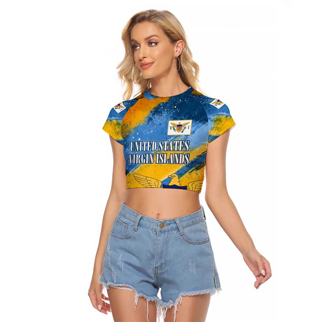 United States Virgin Islands Raglan Cropped T Shirt with Blue Yellow Eagle Design and Government Seal - Wonder Print Shop