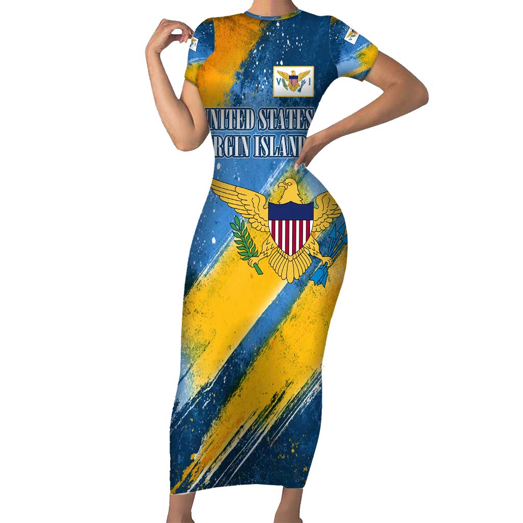United States Virgin Islands Short Sleeve Bodycon Dress with Blue Yellow Eagle Design and Government Seal - Wonder Print Shop