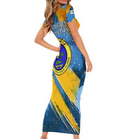 United States Virgin Islands Short Sleeve Bodycon Dress with Blue Yellow Eagle Design and Government Seal - Wonder Print Shop