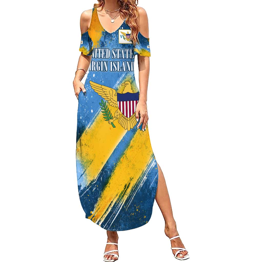 United States Virgin Islands Summer Maxi Dress with Blue Yellow Eagle Design and Government Seal - Wonder Print Shop
