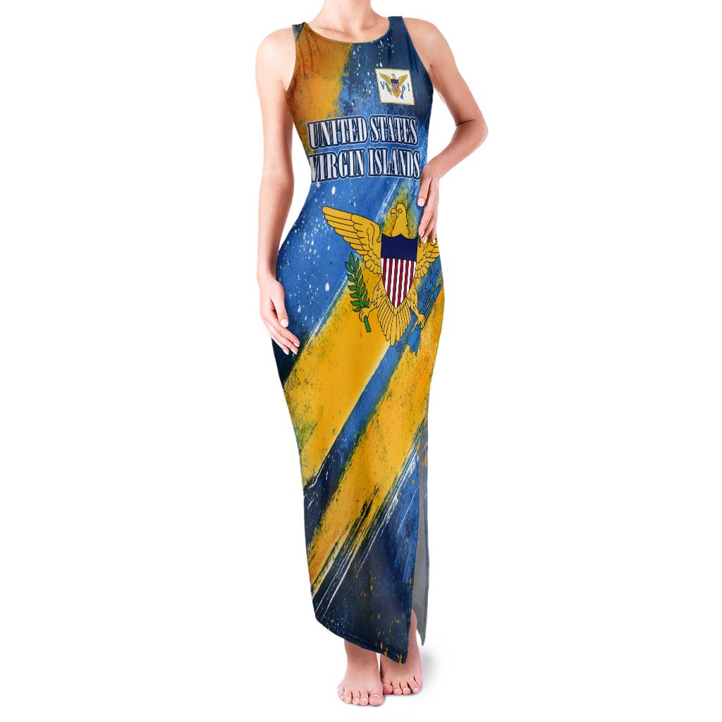 United States Virgin Islands Tank Maxi Dress with Blue Yellow Eagle Design and Government Seal - Wonder Print Shop