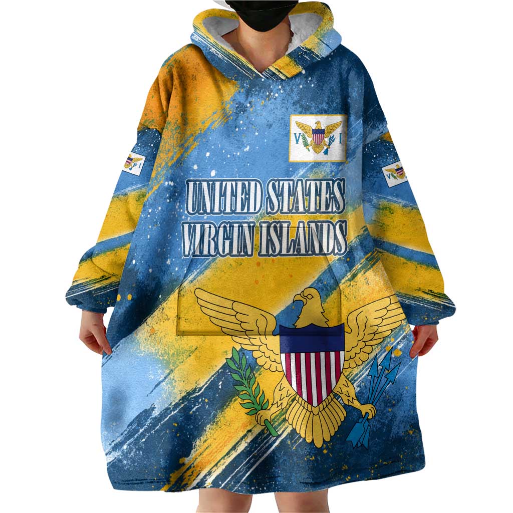 United States Virgin Islands Wearable Blanket Hoodie with Blue Yellow Eagle Design and Government Seal - Wonder Print Shop