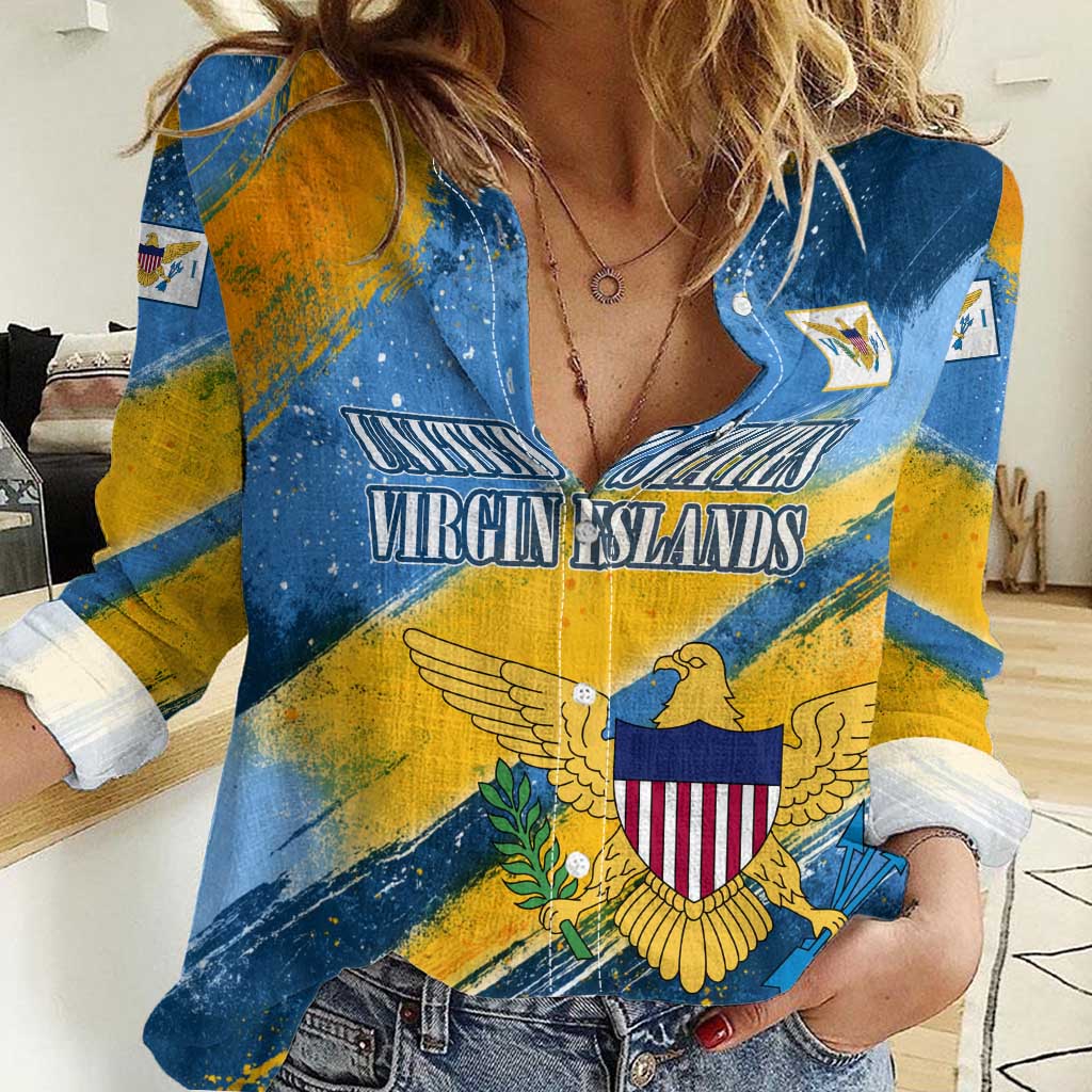 United States Virgin Islands Women Casual Shirt with Blue Yellow Eagle Design and Government Seal - Wonder Print Shop