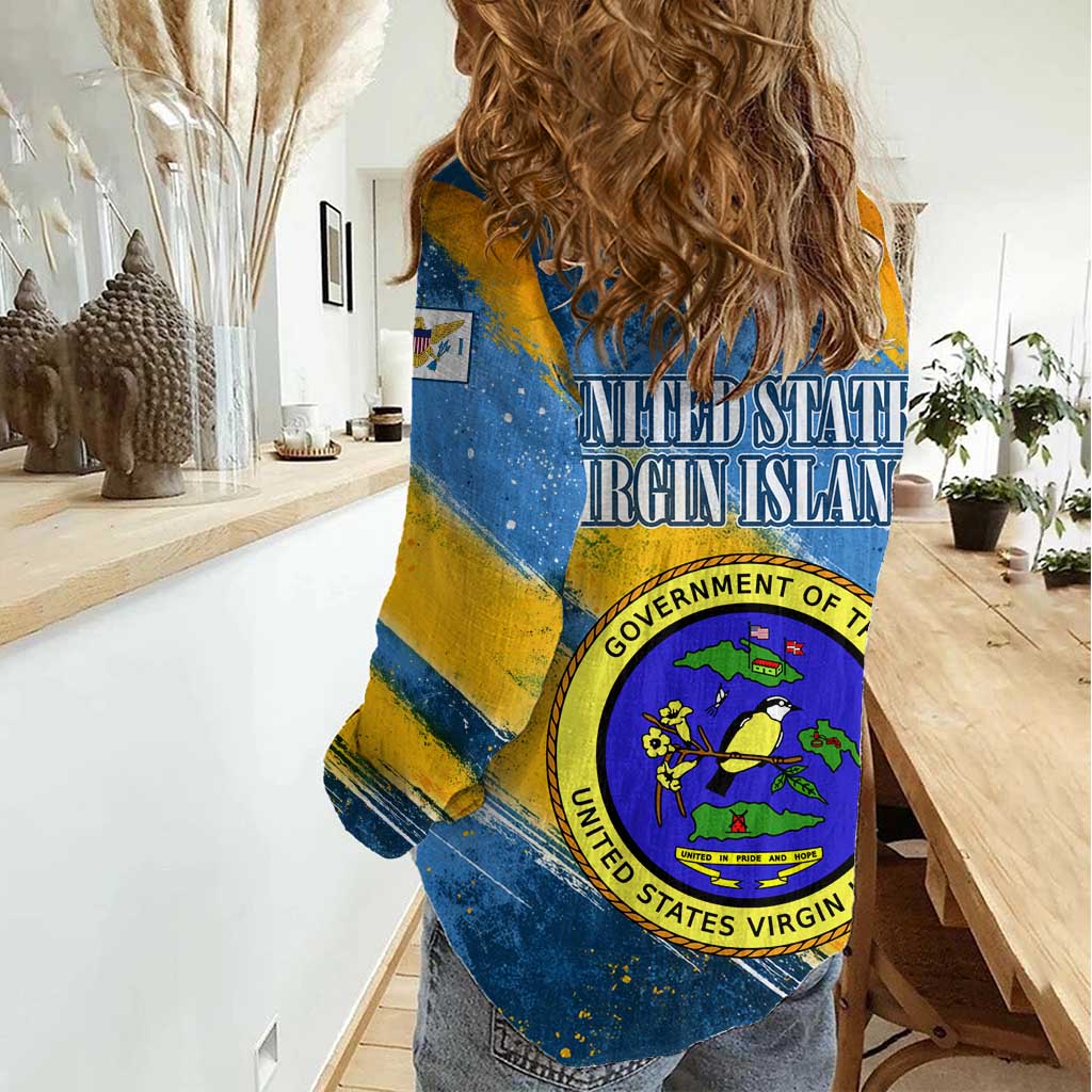 United States Virgin Islands Women Casual Shirt with Blue Yellow Eagle Design and Government Seal - Wonder Print Shop