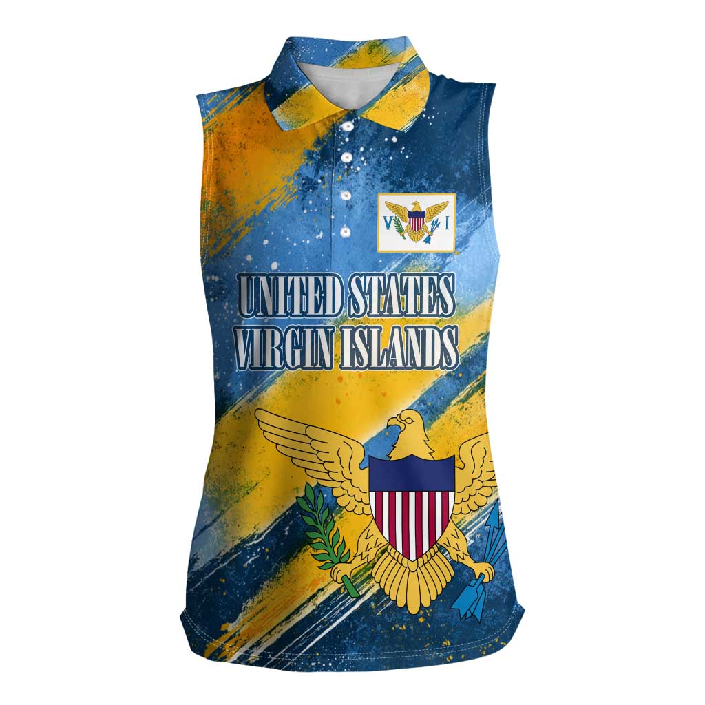 United States Virgin Islands Women Sleeveless Polo Shirt with Blue Yellow Eagle Design and Government Seal - Wonder Print Shop