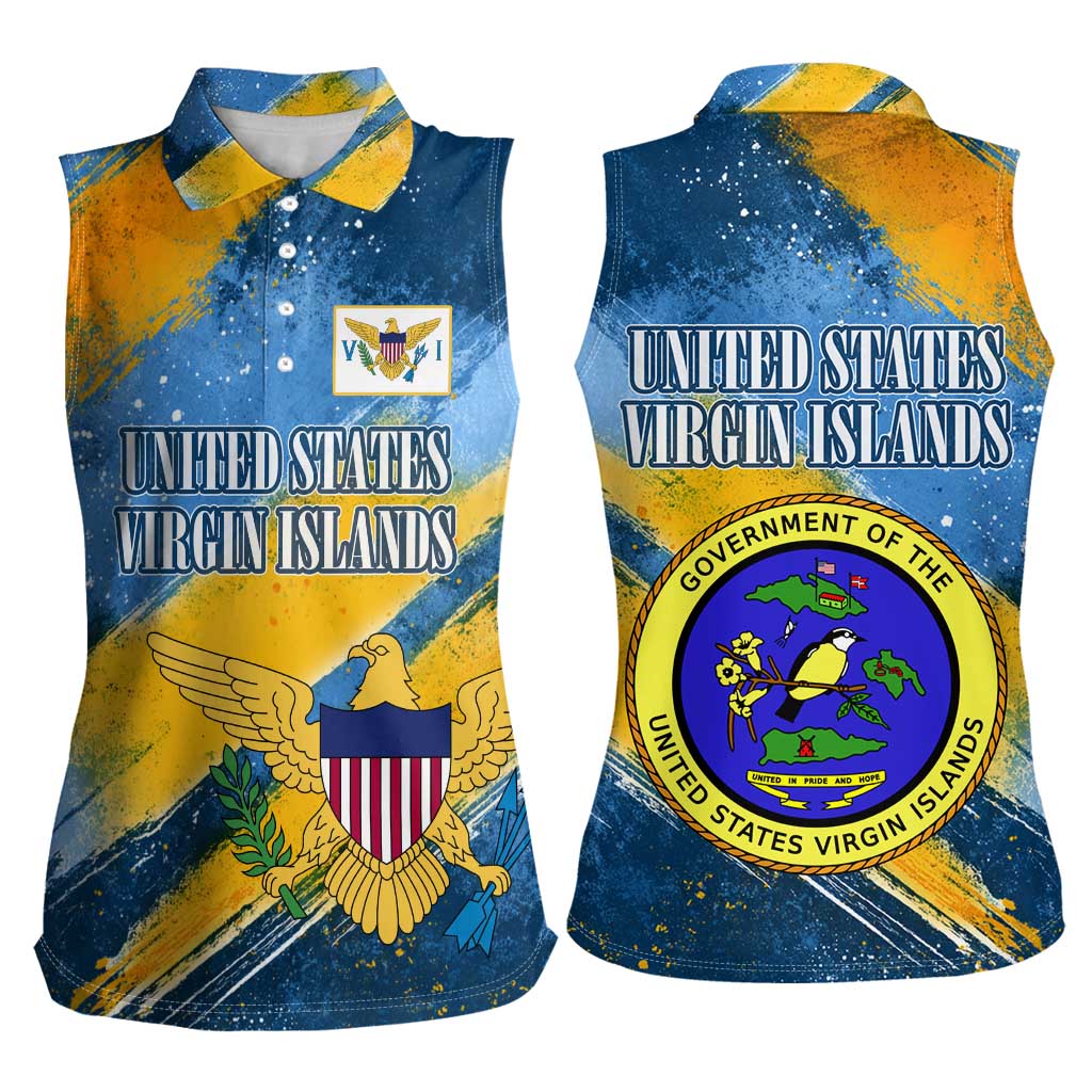 United States Virgin Islands Women Sleeveless Polo Shirt with Blue Yellow Eagle Design and Government Seal - Wonder Print Shop