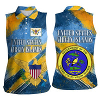United States Virgin Islands Women Sleeveless Polo Shirt with Blue Yellow Eagle Design and Government Seal - Wonder Print Shop