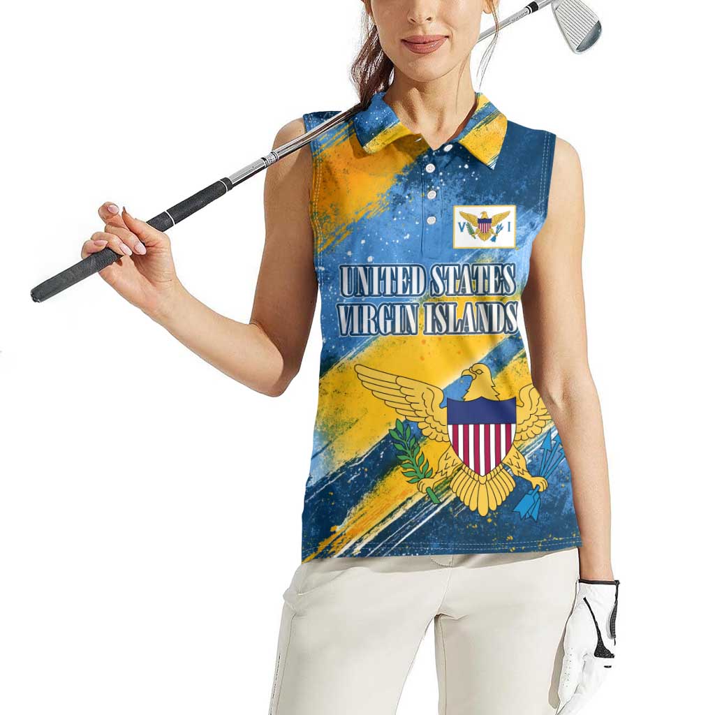 United States Virgin Islands Women Sleeveless Polo Shirt with Blue Yellow Eagle Design and Government Seal - Wonder Print Shop