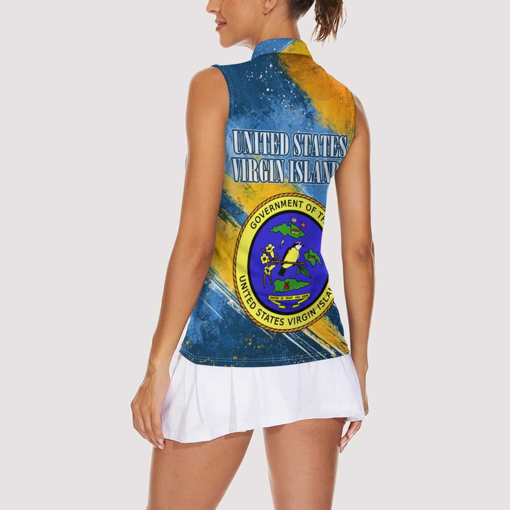 United States Virgin Islands Women Sleeveless Polo Shirt with Blue Yellow Eagle Design and Government Seal - Wonder Print Shop