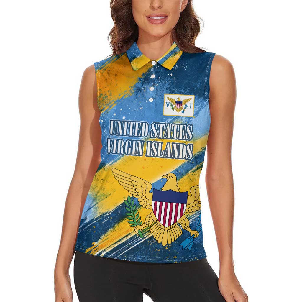 United States Virgin Islands Women Sleeveless Polo Shirt with Blue Yellow Eagle Design and Government Seal - Wonder Print Shop