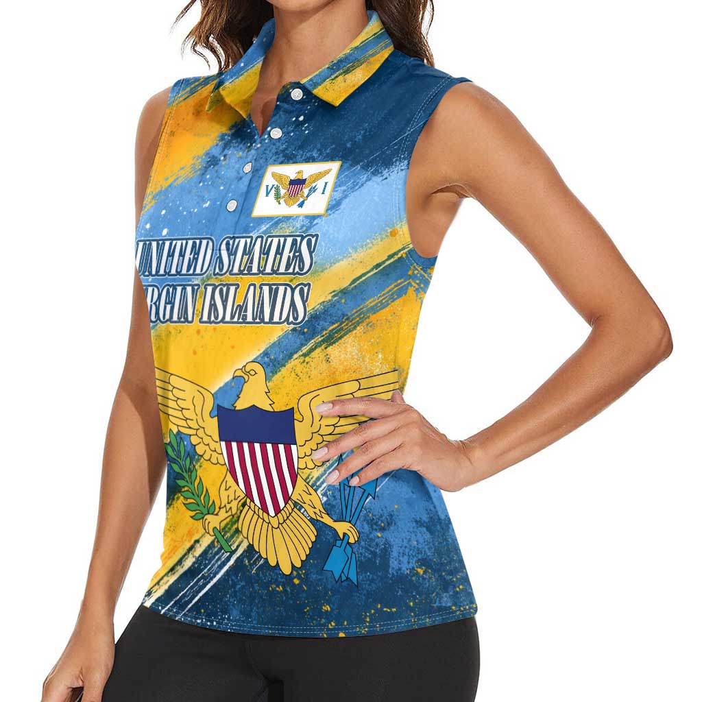 United States Virgin Islands Women Sleeveless Polo Shirt with Blue Yellow Eagle Design and Government Seal - Wonder Print Shop