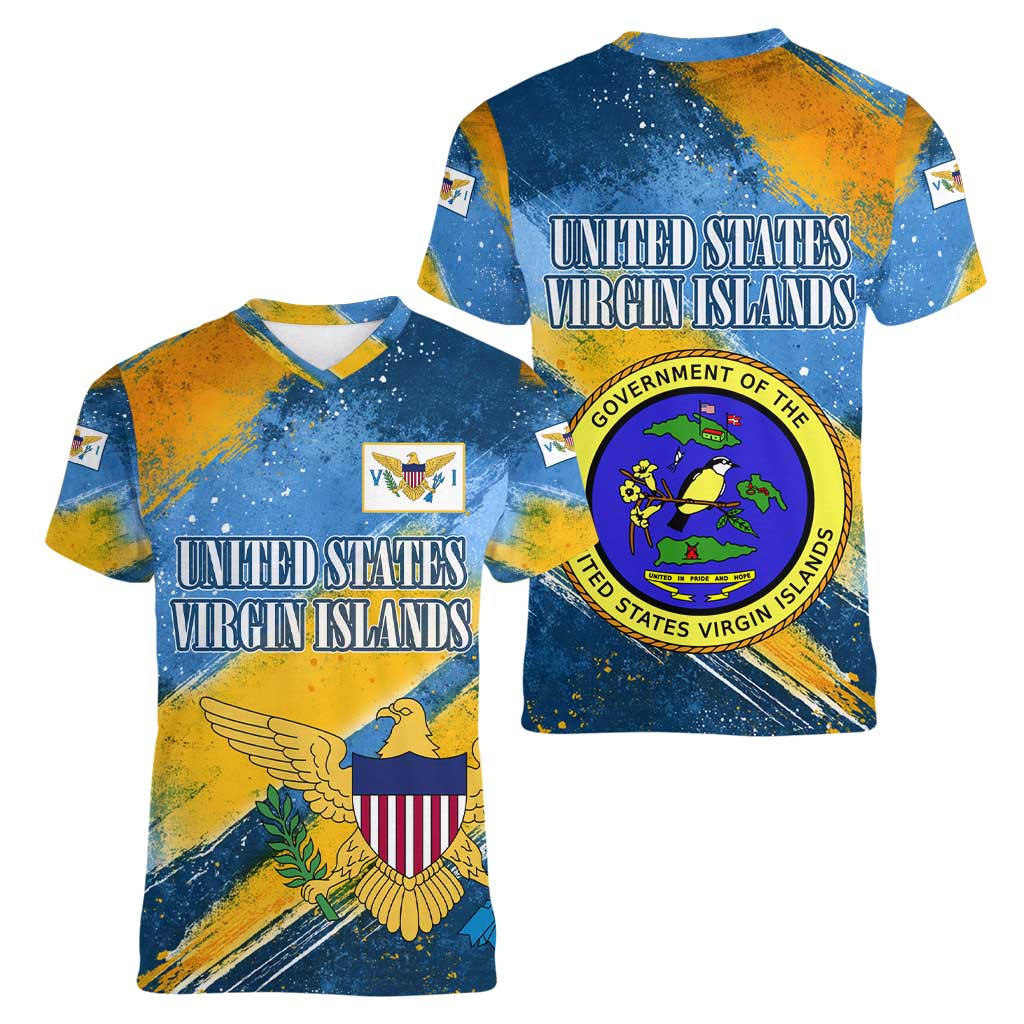 United States Virgin Islands Women V-Neck T-Shirt with Blue Yellow Eagle Design and Government Seal - Wonder Print Shop