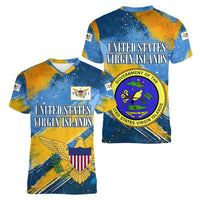 United States Virgin Islands Women V-Neck T-Shirt with Blue Yellow Eagle Design and Government Seal - Wonder Print Shop
