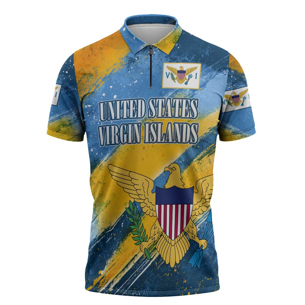 United States Virgin Islands Zipper Polo Shirt with Blue Yellow Eagle Design and Government Seal - Wonder Print Shop