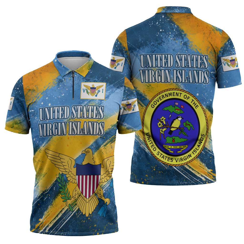 United States Virgin Islands Zipper Polo Shirt with Blue Yellow Eagle Design and Government Seal - Wonder Print Shop