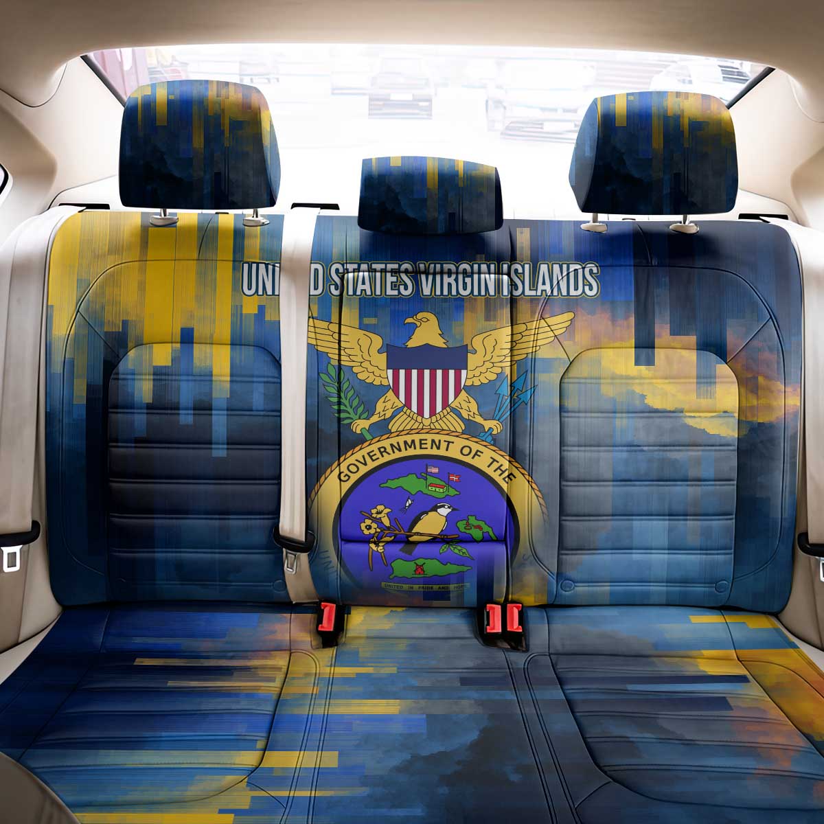 United States Virgin Islands Back Car Seat Cover with Blue Yellow Government Seal Design and Bald Eagle - Wonder Print Shop
