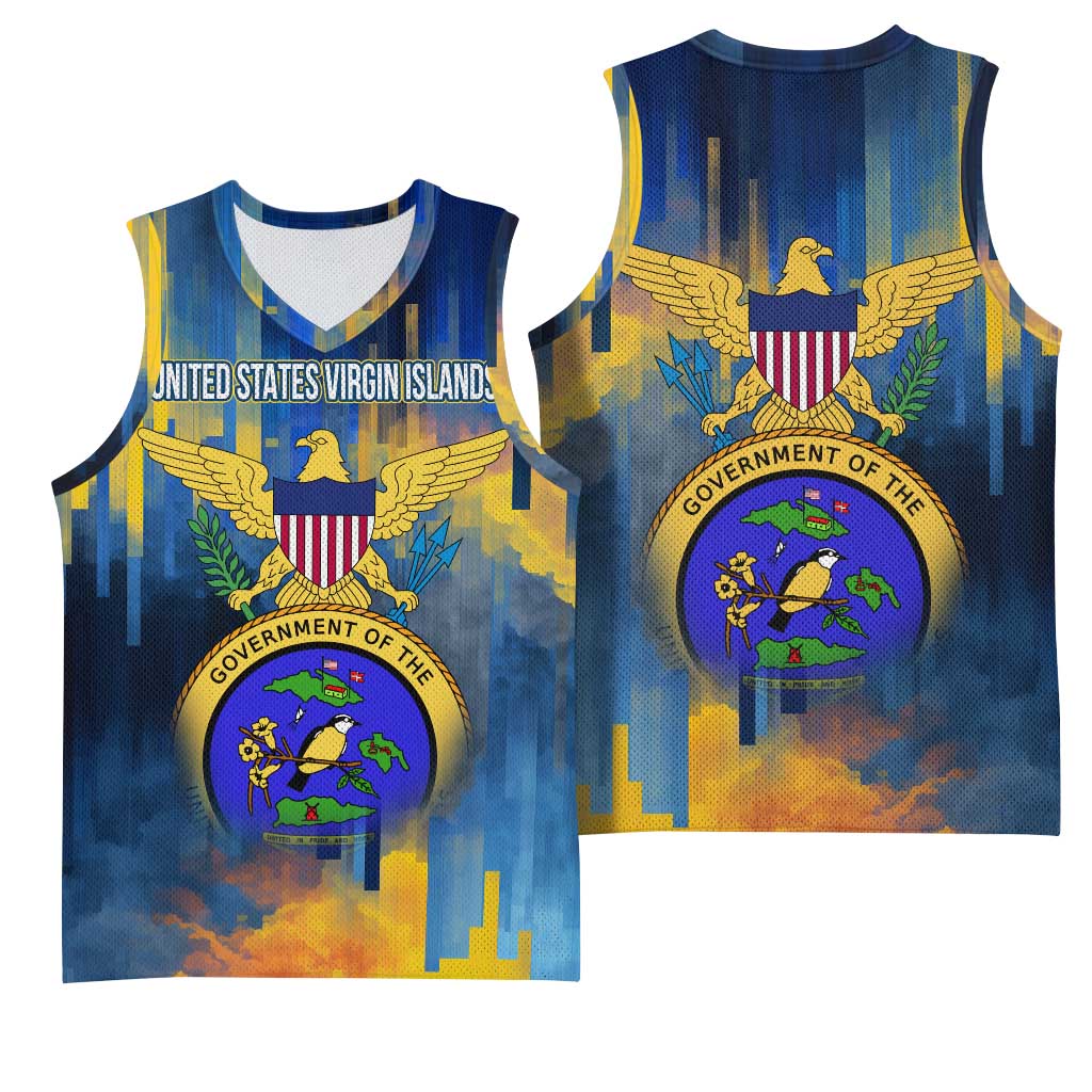 United States Virgin Islands Basketball Jersey with Blue Yellow Government Seal Design and Bald Eagle - Wonder Print Shop