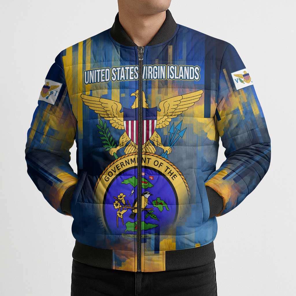 United States Virgin Islands Bomber Puffer Jacket with Blue Yellow Government Seal Design and Bald Eagle - Wonder Print Shop